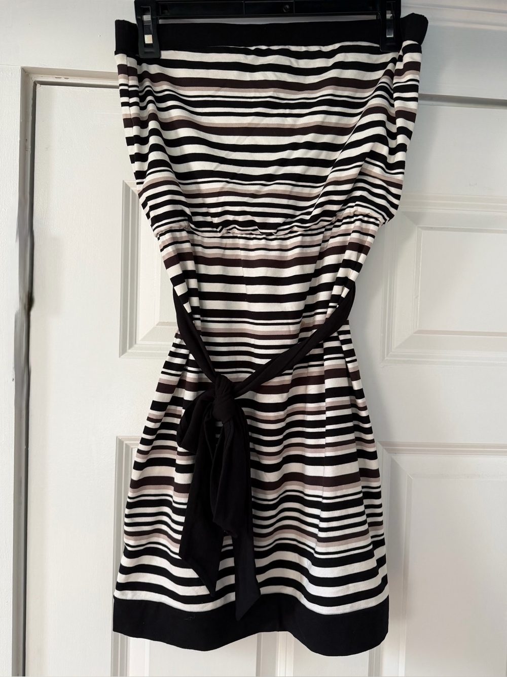 White House Black Market Black, White and Brown Striped Strapless Dress